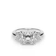 White Gold Princess Cut Diamond Three Stone Engagement Ring With Princess Cut Side Stone Prong Setting